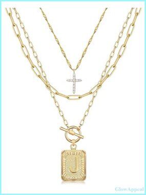 Layered Initial Necklace Set 14K Gold Plated Brass Paperclip Chain
